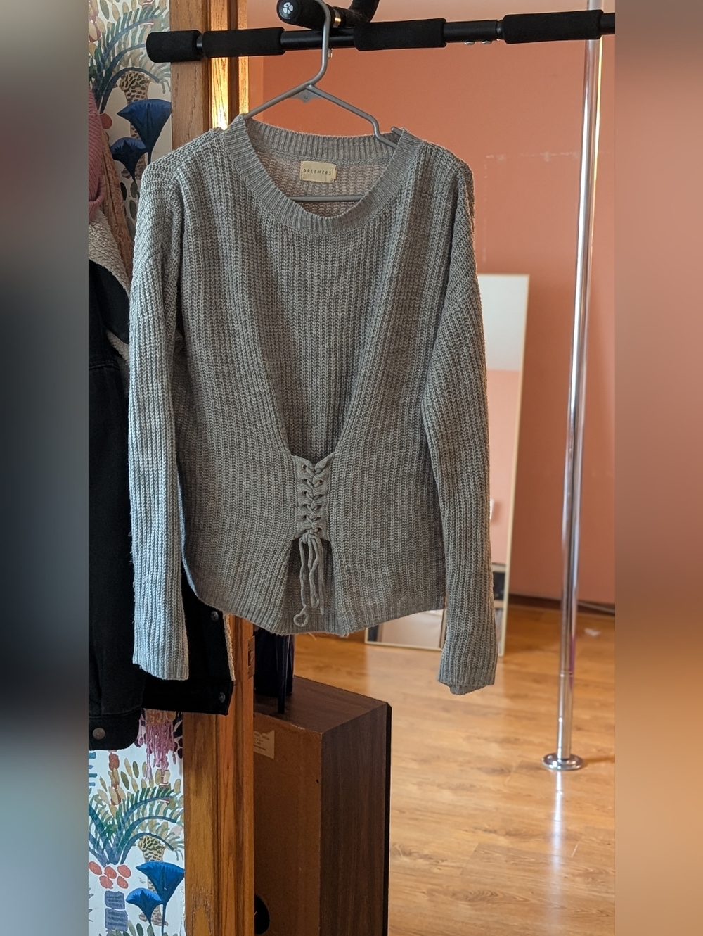 Dreamers Light Gray Lace-Up Crewneck Sweater